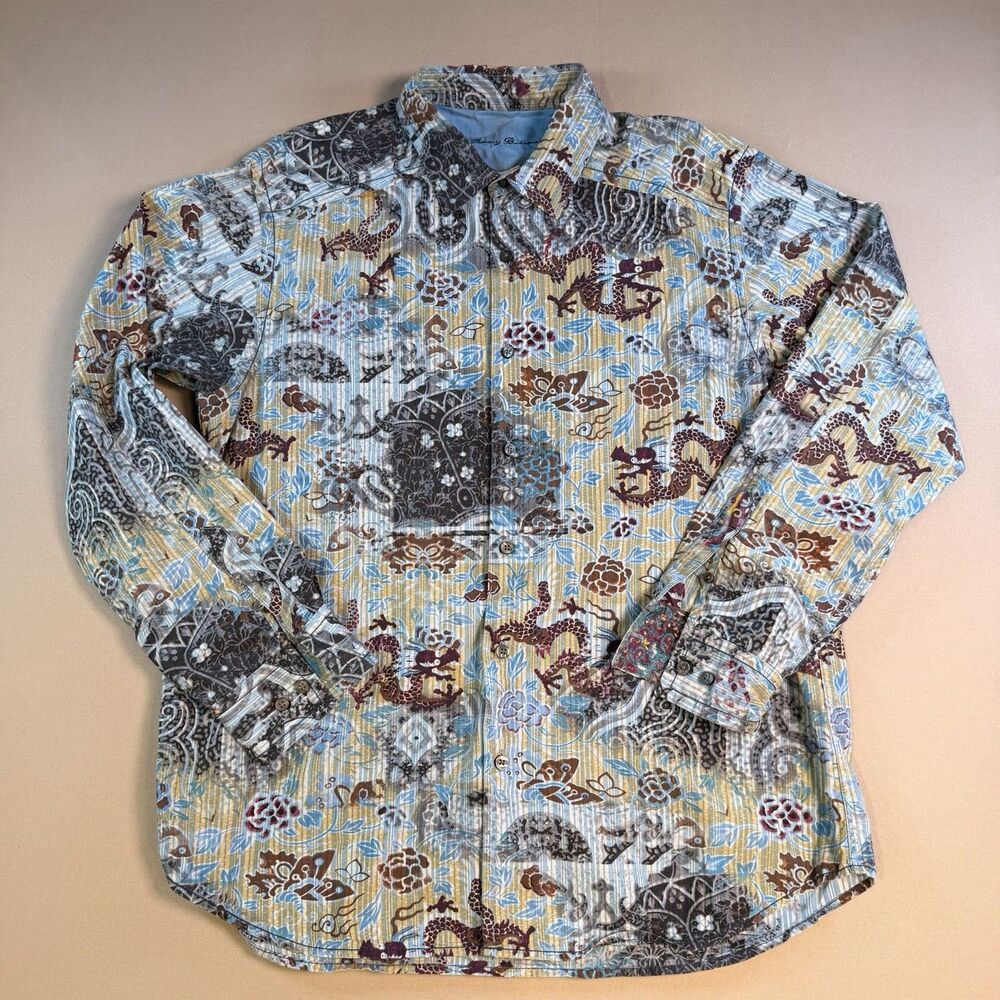 Tommy Bahama Men’s Mythical Dragon Print Blue Silk Blend Button Up Shirt Large